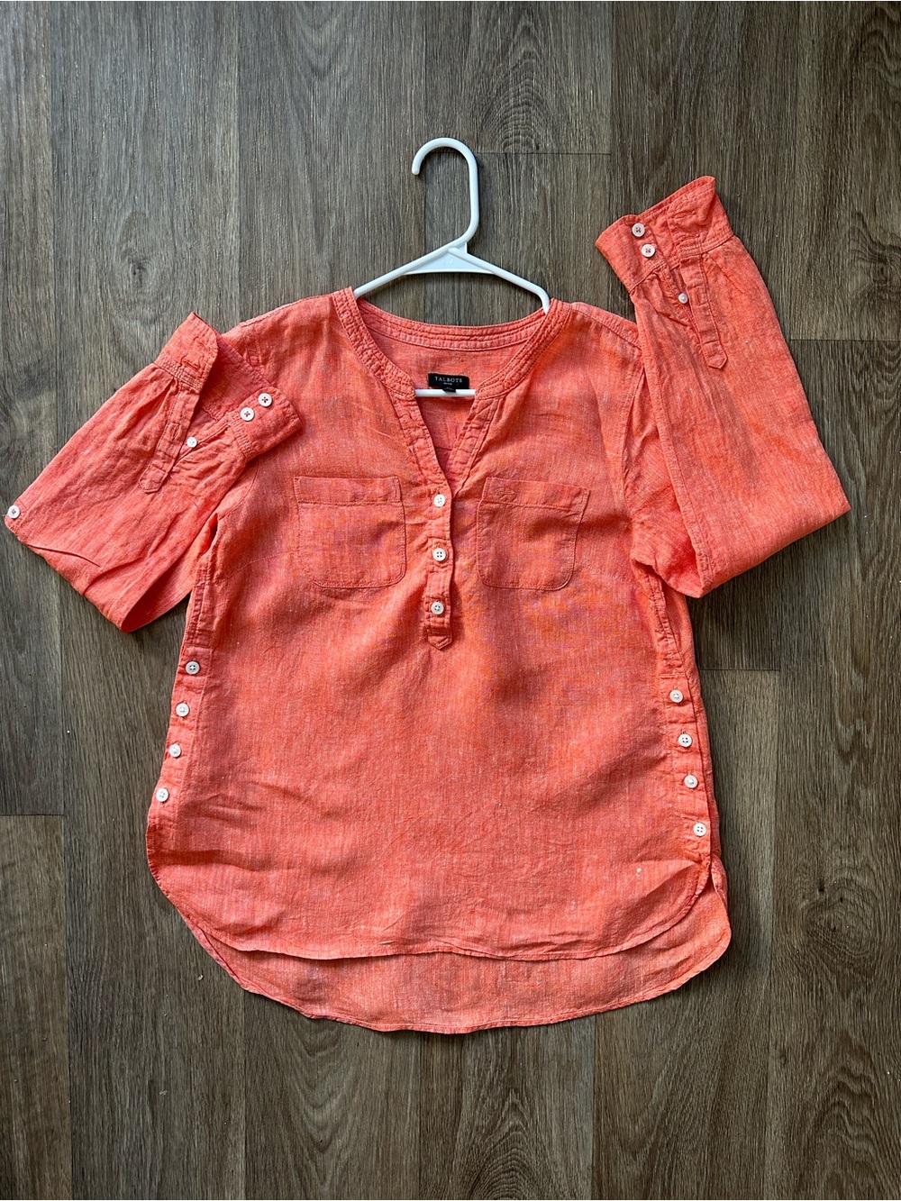 Talbots Coral Orange 100% Linen Side Button Popover Tunic Blouse Petite S